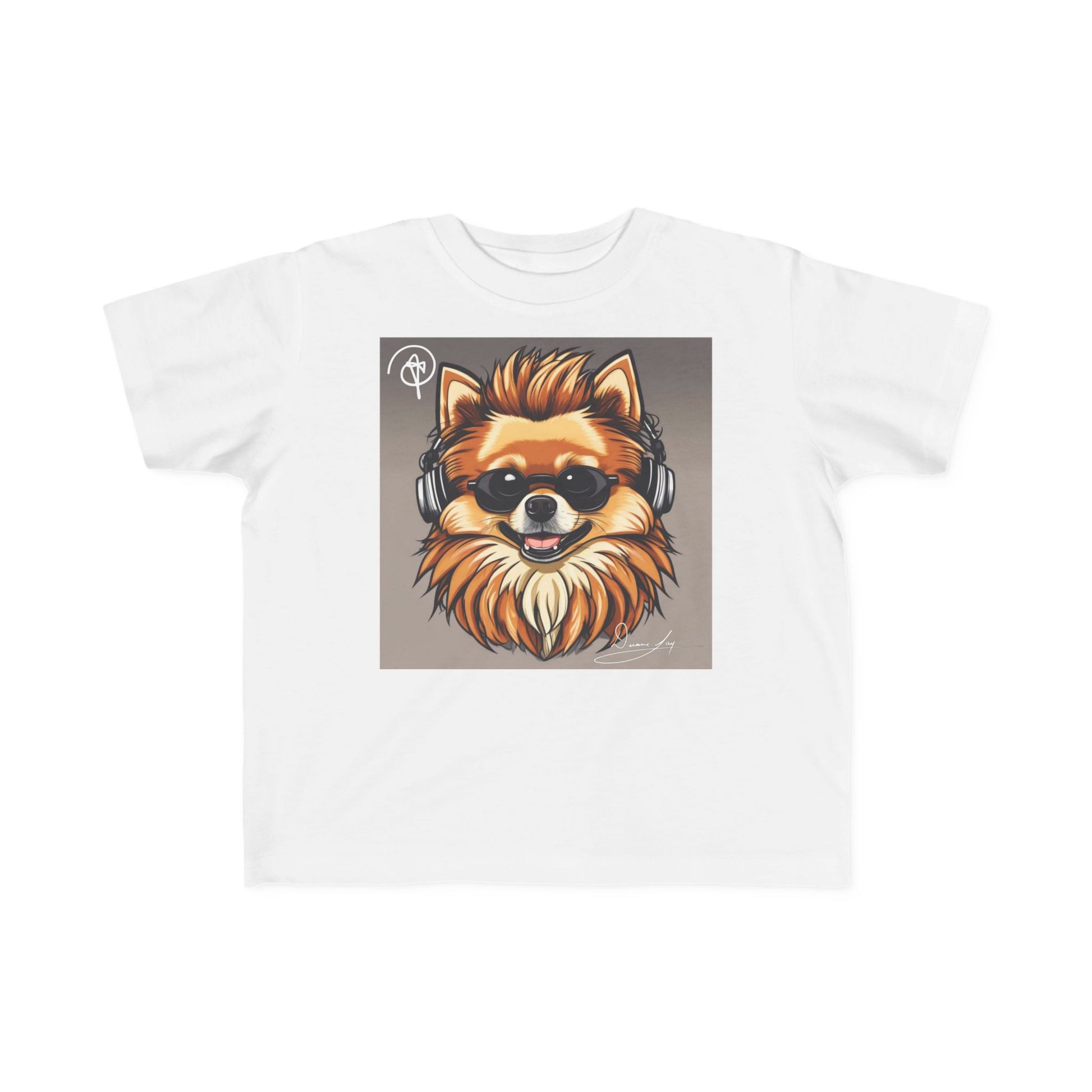 DuaneJay Cool Pomeranian Kids T-Shirt — fun kids graphic tee featuring an adorable Pomeranian rocking sunglasses and headphones, a bold and playful streetwear-inspired look for kids who carry the DuaneJay Fashion style with confidence
